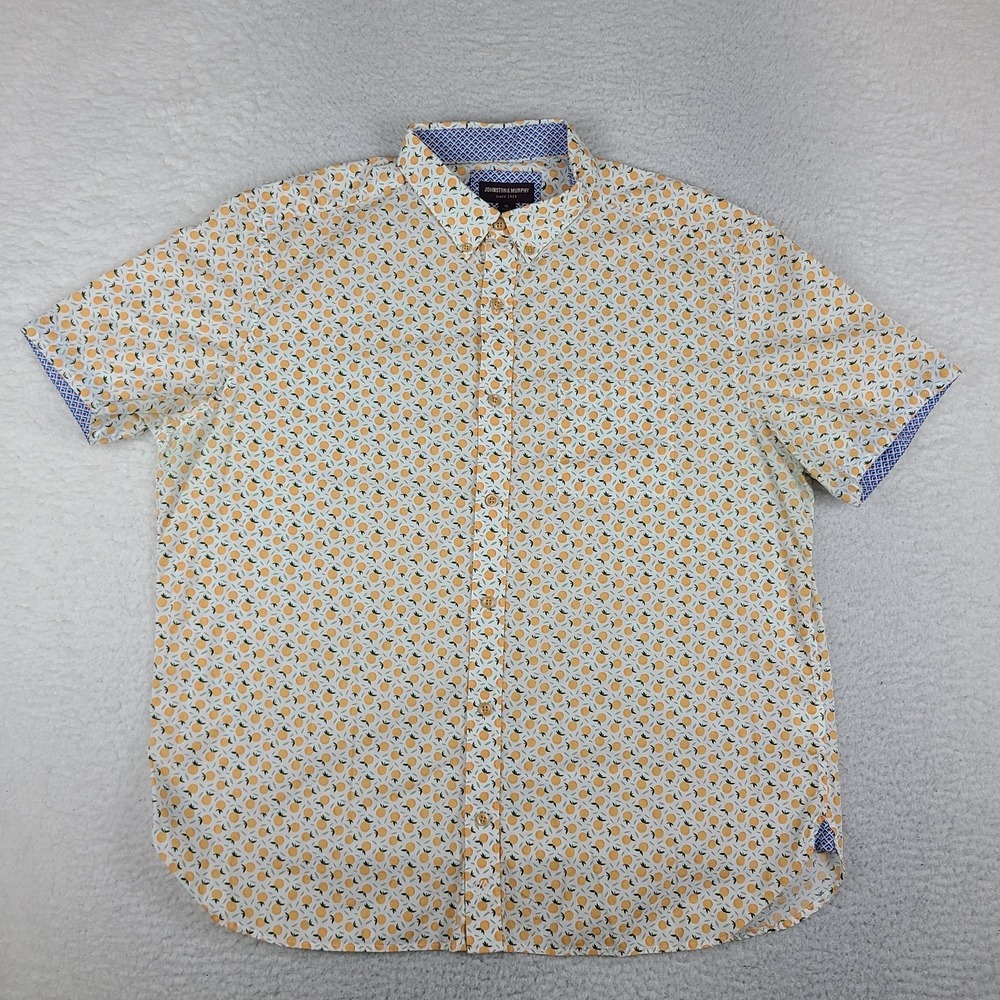 Johnston Murphy Shirt Mens XL White Orange Geometric Preppy Hawaiian Button Up *